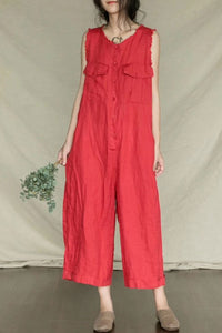 Round Neck Red Linen Jumpsuits C2395