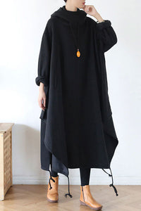 Loose fit hooded cotton dress coat with asymmetrical hem A016