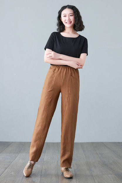 Brown Spring Long Linen Pants C2646