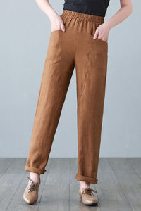 Brown Spring Long Linen Pants C2646