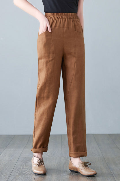 Brown Spring Long Linen Pants C2646