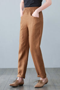 Brown Spring Long Linen Pants C2646