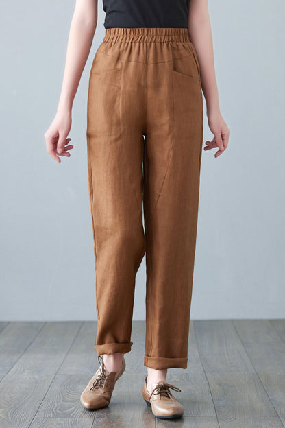 Brown Spring Long Linen Pants C2646