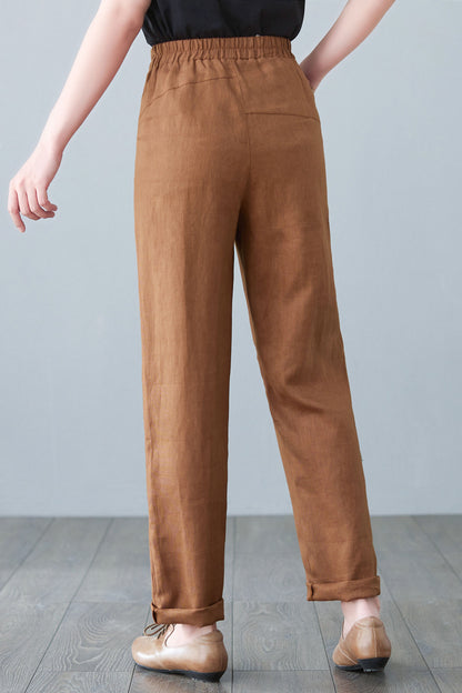 Brown Spring Long Linen Pants C2646
