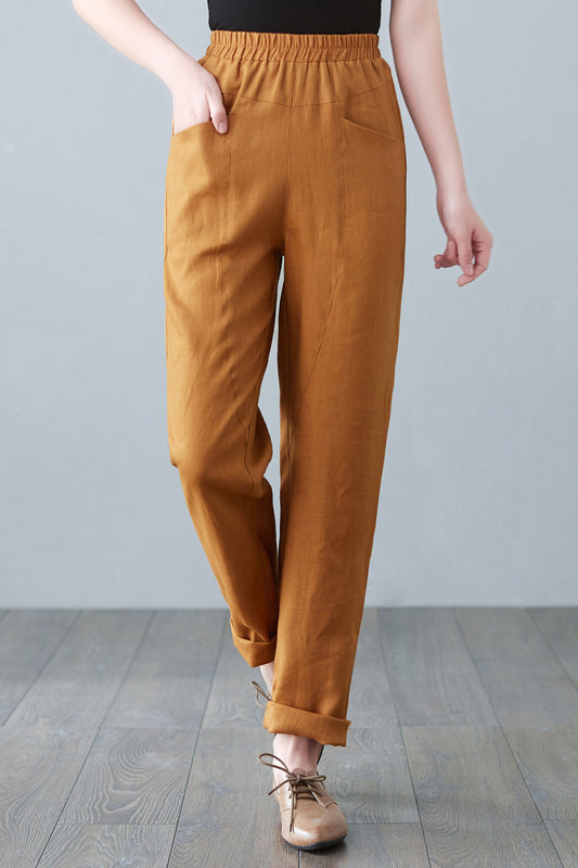 Comfy Elastic Waist Long Linen Pants C2643