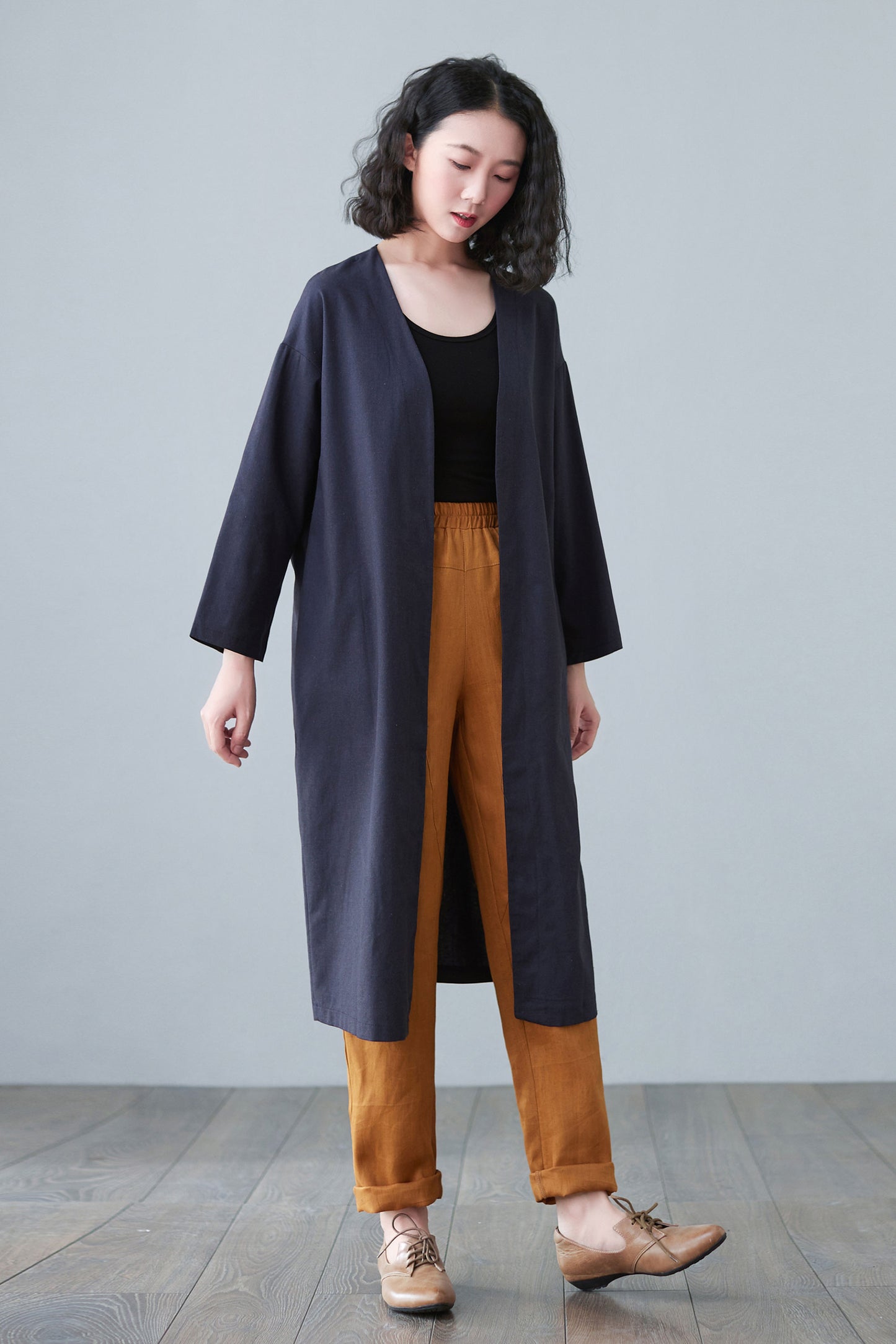 Blue Causal Linen Jacket Coats with Pockets C2652