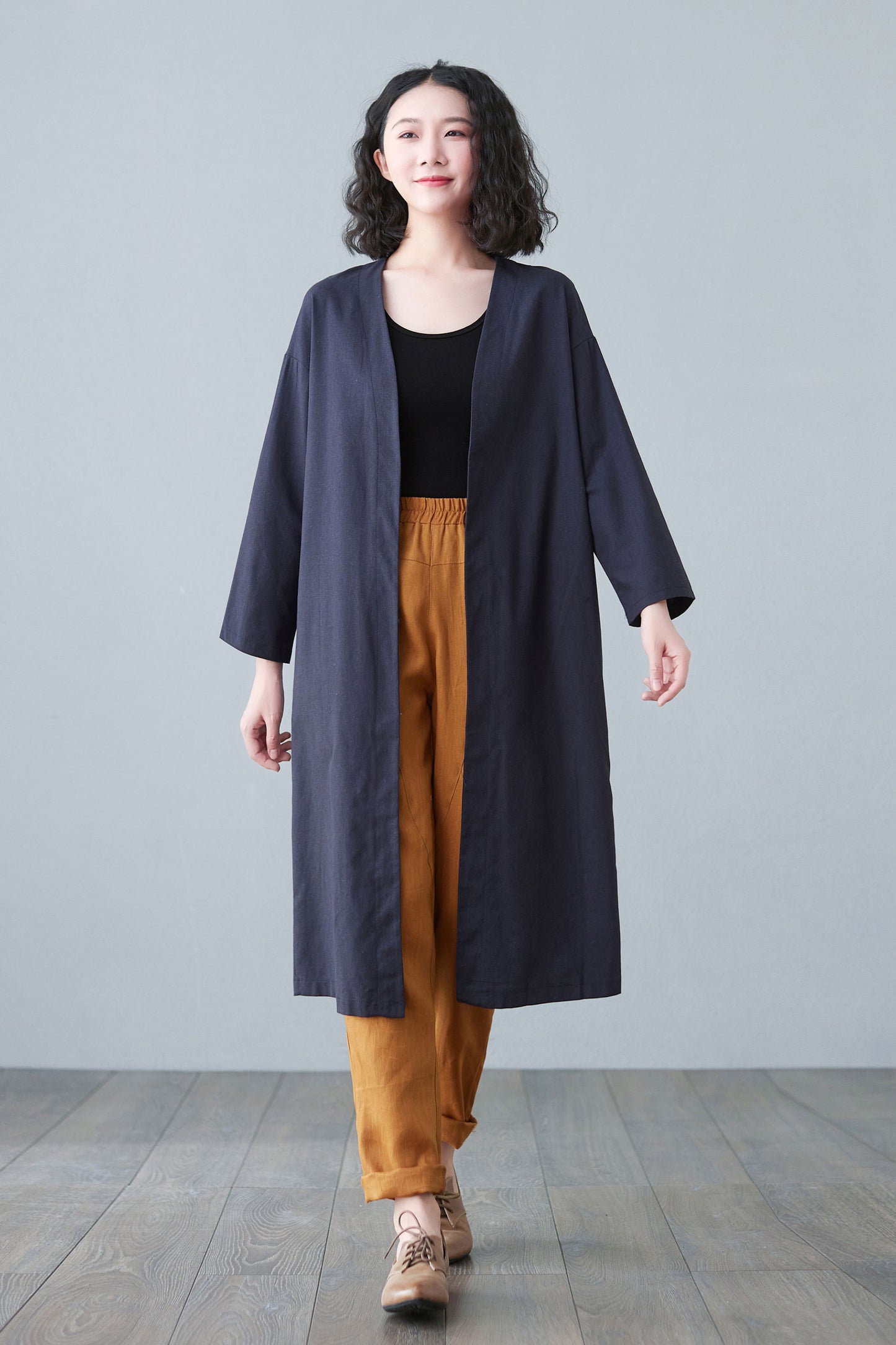 Blue Causal Linen Jacket Coats with Pockets C2652