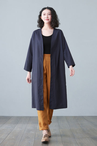 Blue Causal Linen Jacket Coats with Pockets C2652