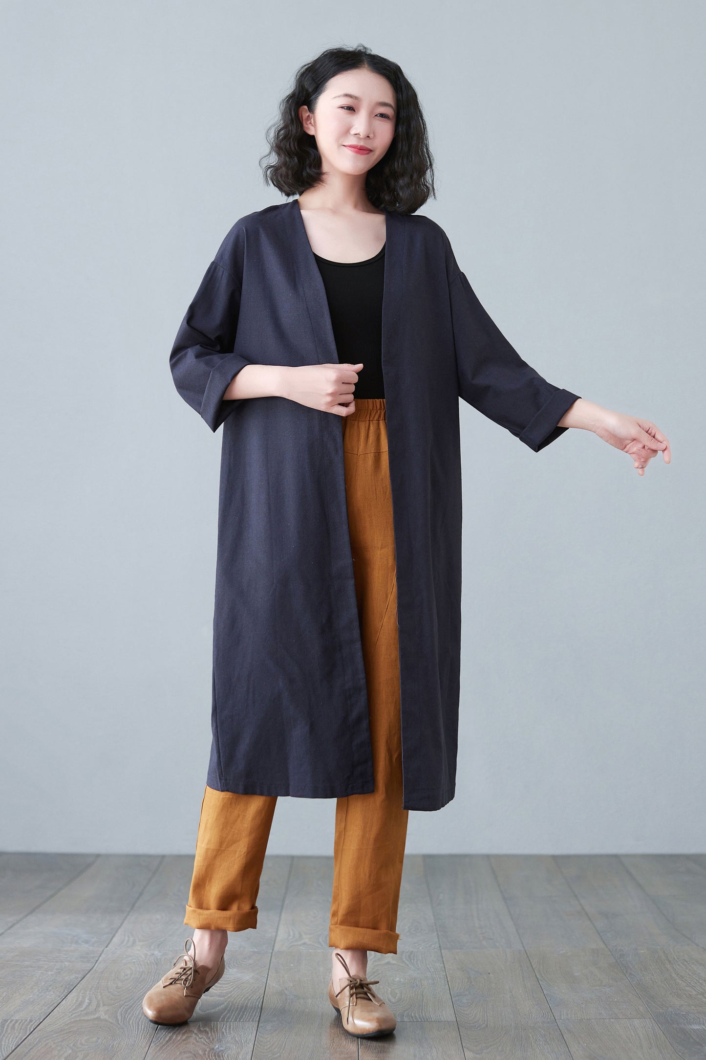 Blue Causal Linen Jacket Coats with Pockets C2652
