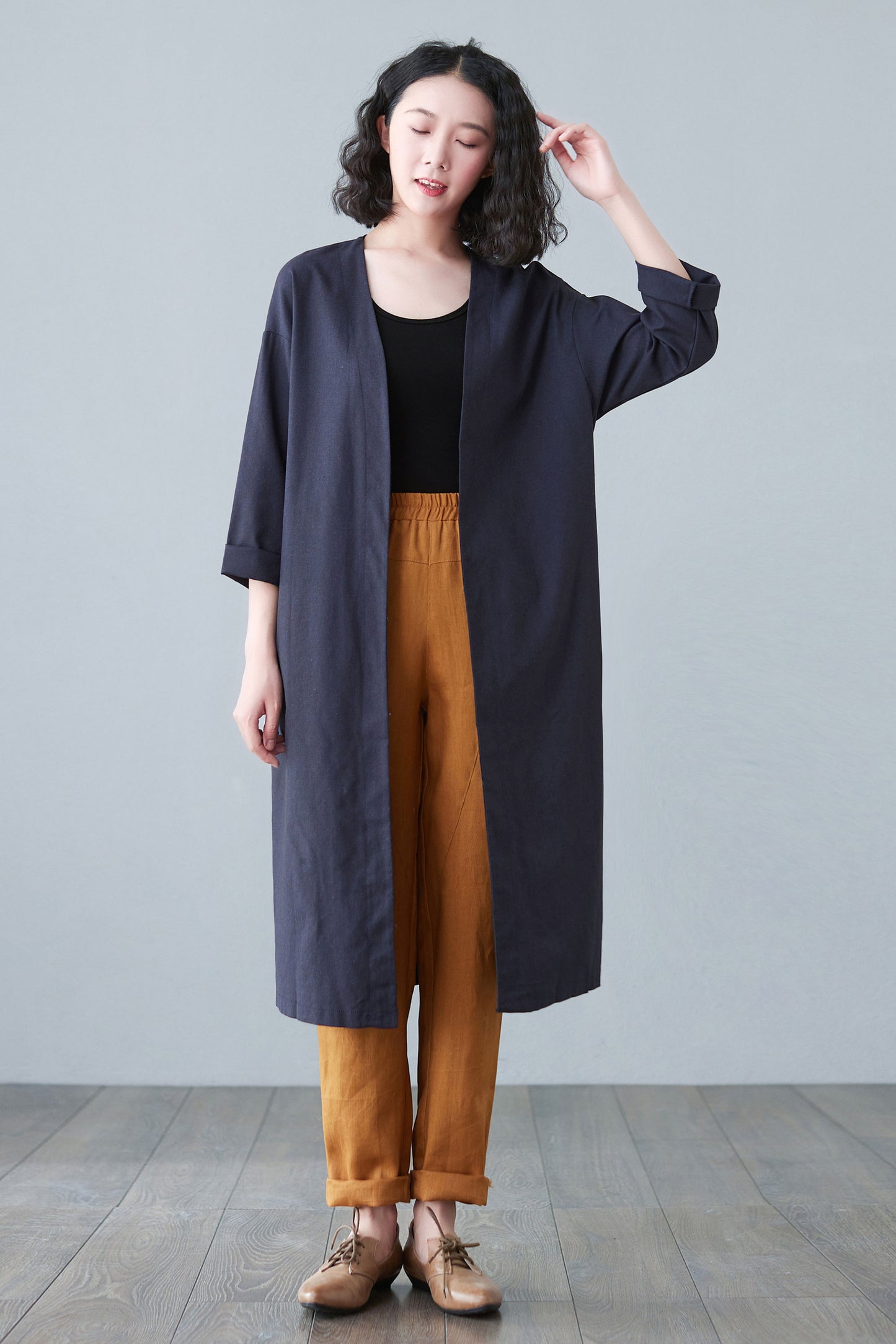 Blue Causal Linen Jacket Coats with Pockets C2652