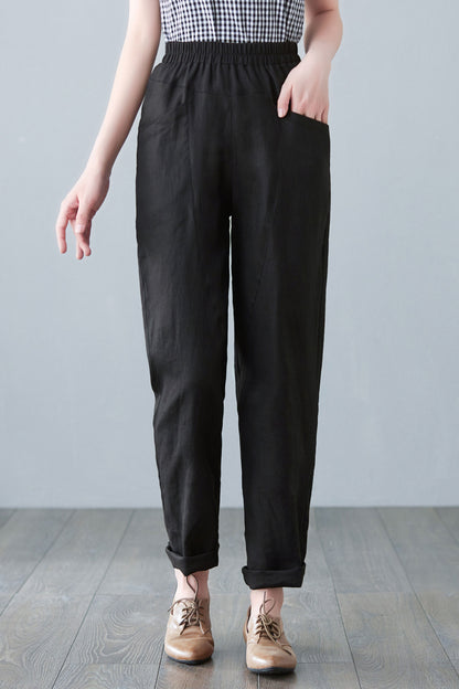 Black Large Size Linen Causal Pants C2644