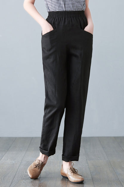 Black Large Size Linen Causal Pants C2644