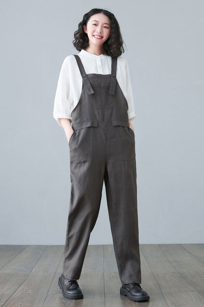 womens Gray linen jumpsuit with pockets C2650