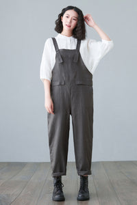 womens Gray linen jumpsuit with pockets C2650