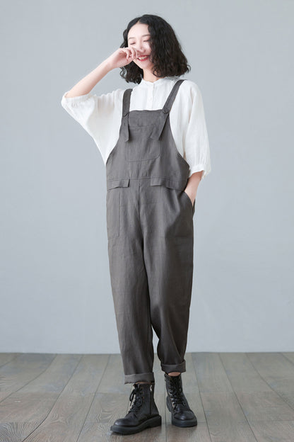 womens Gray linen jumpsuit with pockets C2650