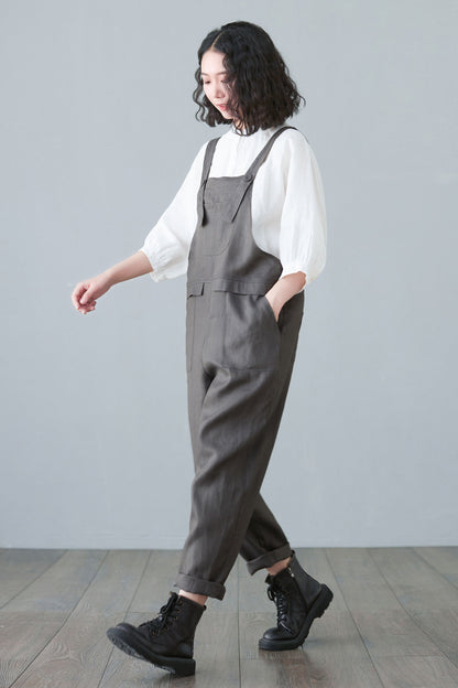 womens Gray linen jumpsuit with pockets C2650