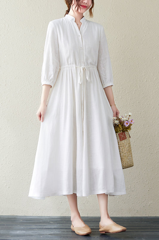 White Women Summer V-neck Shirt Dress C2836