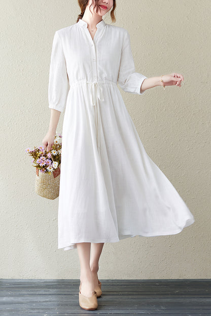 White Women Summer V-neck Shirt Dress C2836