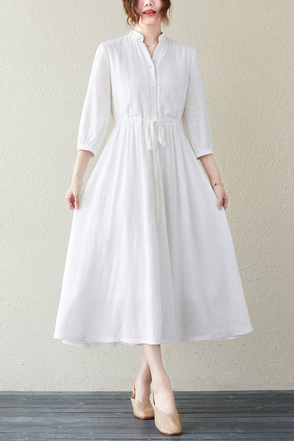White Women Summer V-neck Shirt Dress C2836
