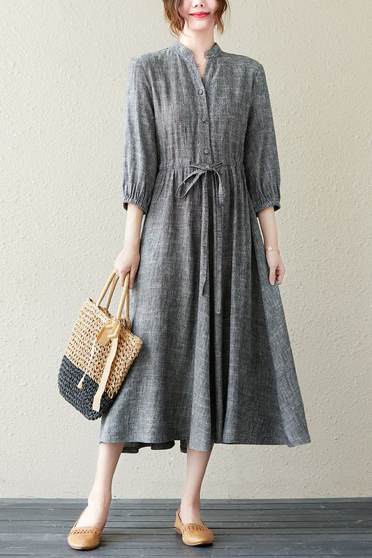 Summer Grey V-neck Long Shirt Dress C2837