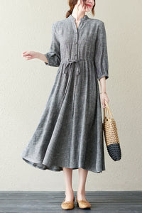 Summer Grey V-neck Long Shirt Dress C2837