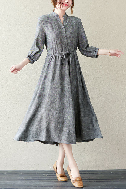 Summer Grey V-neck Long Shirt Dress C2837