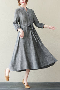 Summer Grey V-neck Long Shirt Dress C2837