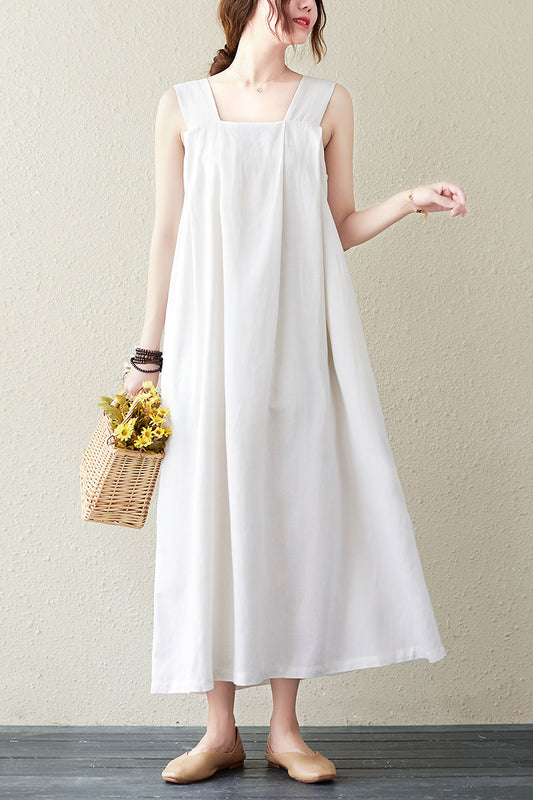 White Summer Sleeveless Midi Linen Dress C2839