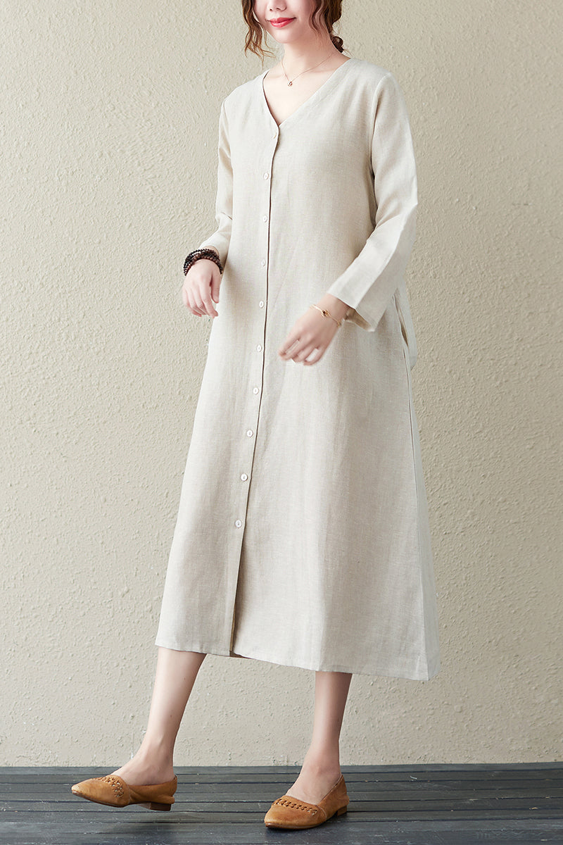 Summer Cotton Linen V-neck Long Dress C2841