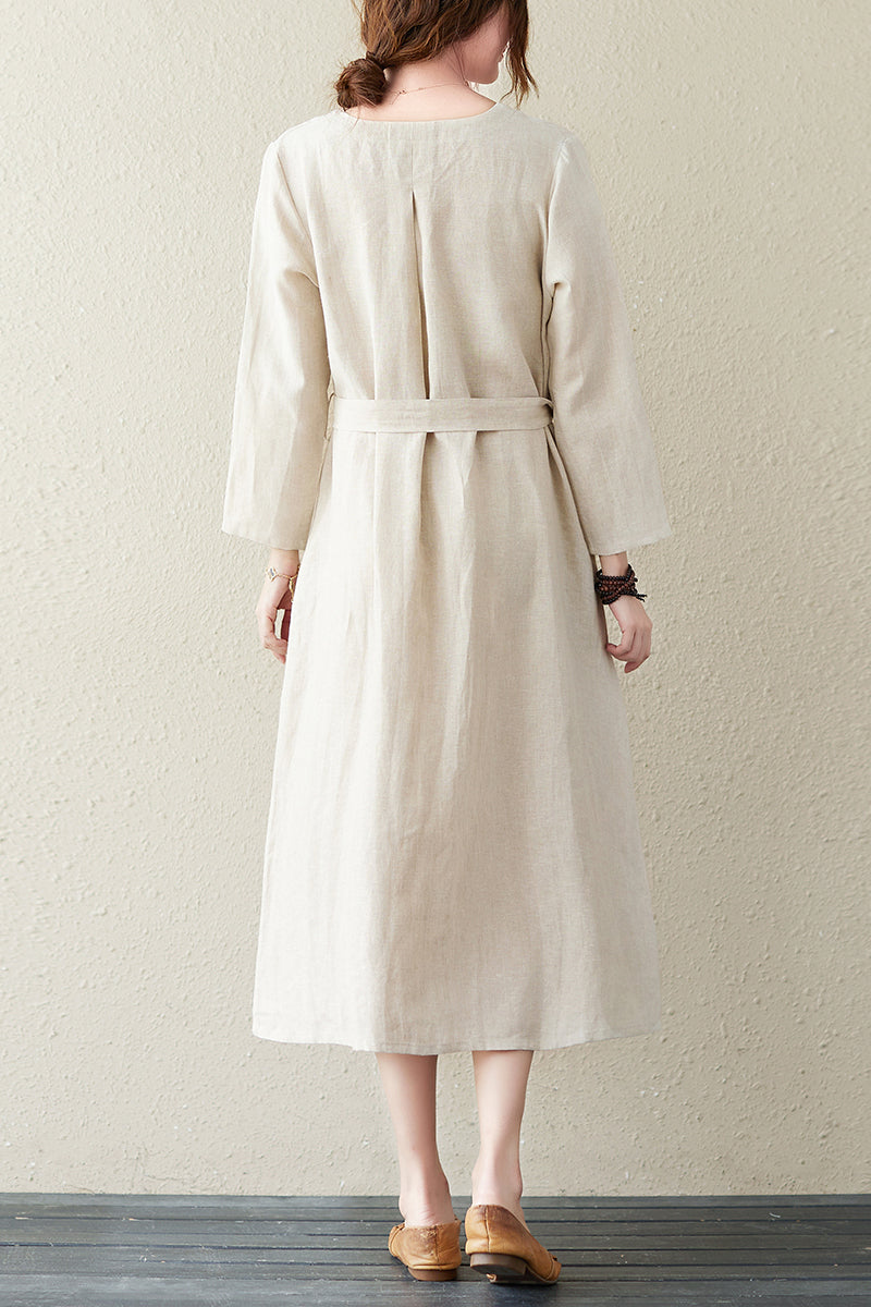 Summer Cotton Linen V-neck Long Dress C2841
