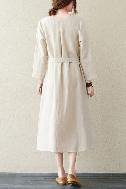 Summer Cotton Linen V-neck Long Dress C2841