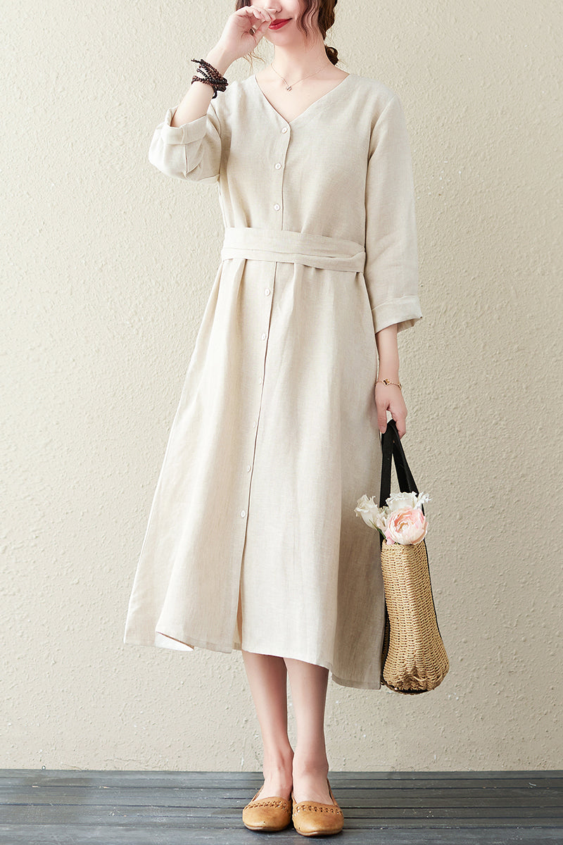 Summer Cotton Linen V-neck Long Dress C2841