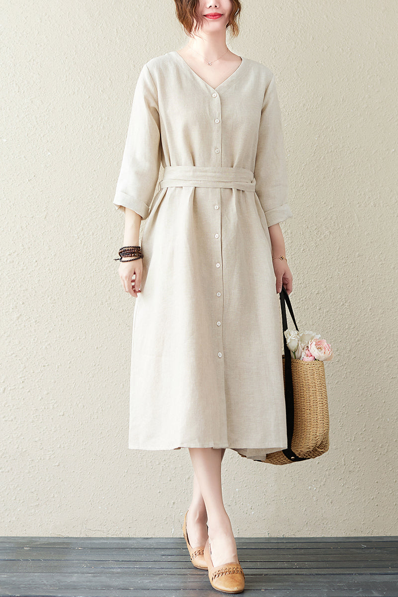 Summer Cotton Linen V-neck Long Dress C2841