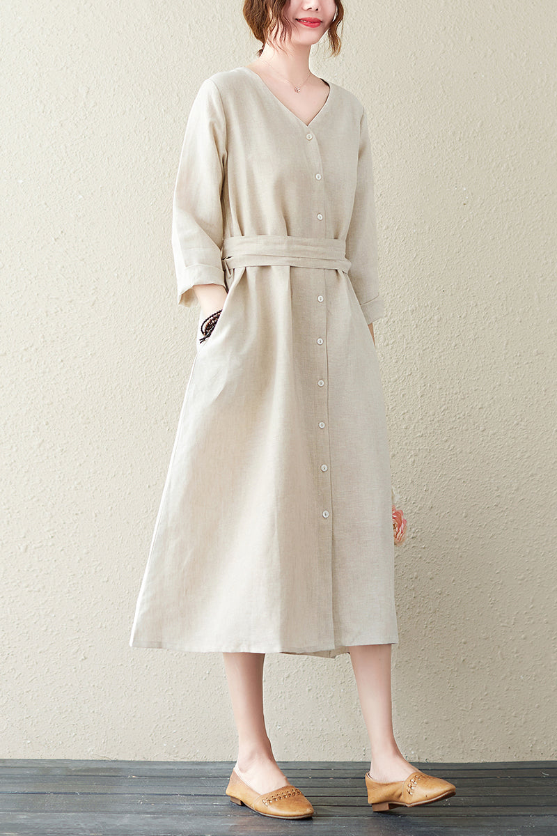 Summer Cotton Linen V-neck Long Dress C2841