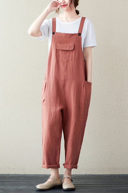Orange Casual Cropped Linen Overalls C2845