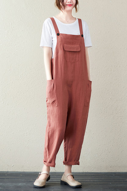 Orange Casual Cropped Linen Overalls C2845
