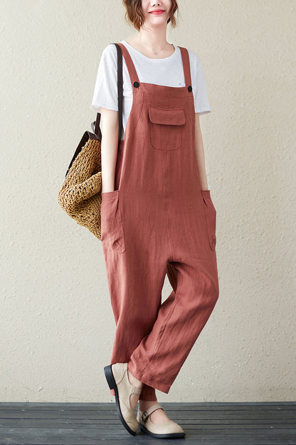 Orange Casual Cropped Linen Overalls C2845