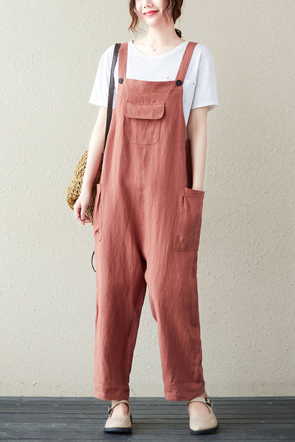 Orange Casual Cropped Linen Overalls C2845