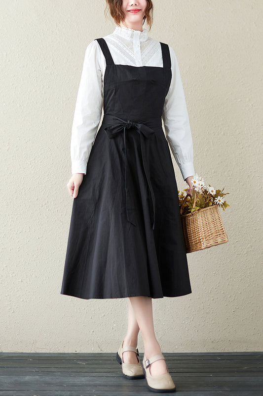 Spring Summer Black Suspender Midi Dress C2846