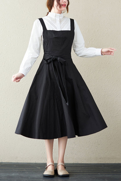 Spring Summer Black Suspender Midi Dress C2846