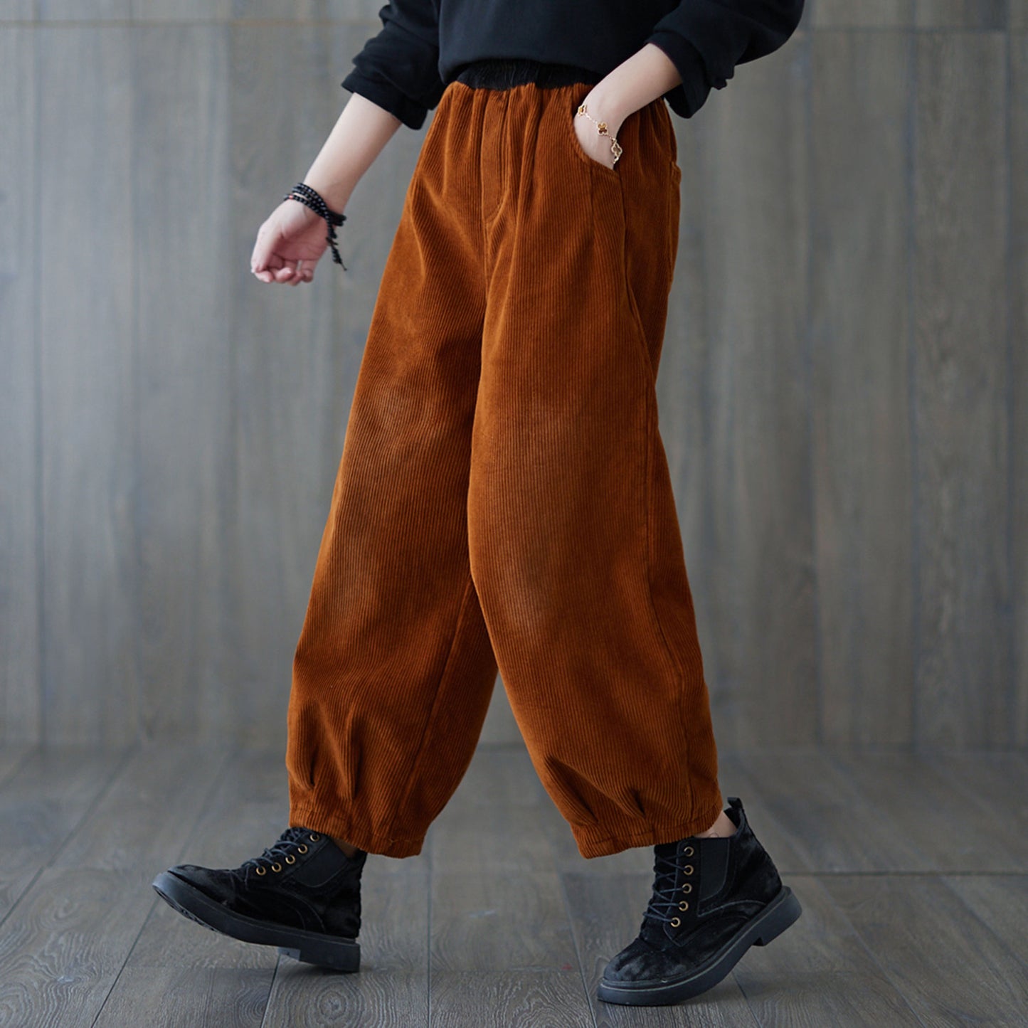 Brown Casual High Waist Corduroy Pants C181701