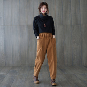 Brown Casual Elastic Waist Corduroy Pants C181801