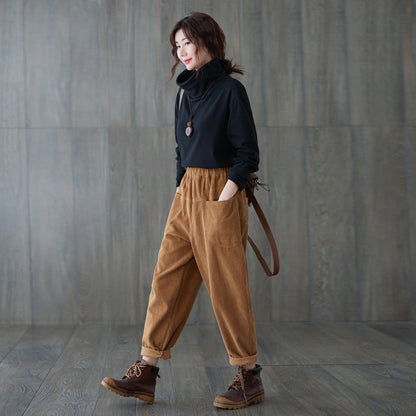 Brown Casual Elastic Waist Corduroy Pants C181801