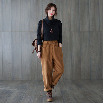 Brown Casual Elastic Waist Corduroy Pants C181801