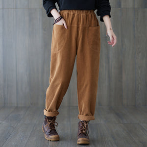 Brown Casual Elastic Waist Corduroy Pants C181801