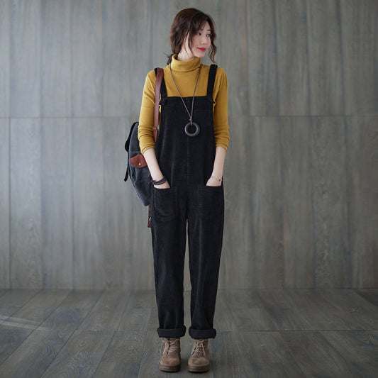 Black Cotton Corduroy Jumpsuit - Vintage-Inspired Loose Fit C1819