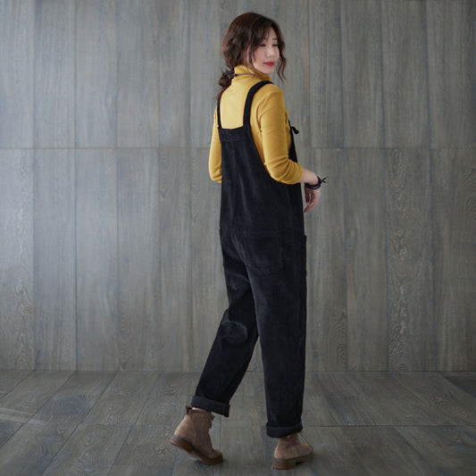 Black Cotton Corduroy Jumpsuit - Vintage-Inspired Loose Fit C1819