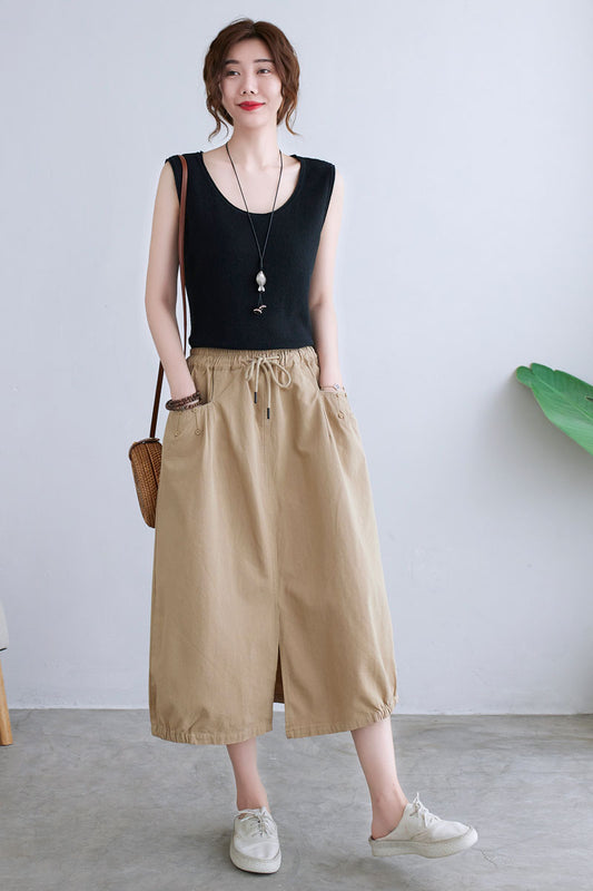 Khaki Casual Elastic Waist Split Linen Skirt C2293#YY05119