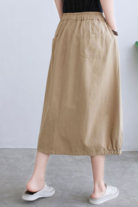 Khaki Casual Elastic Waist Split Linen Skirt C2293#YY05119