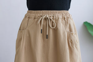 Khaki Casual Elastic Waist Split Linen Skirt C2293#YY05119